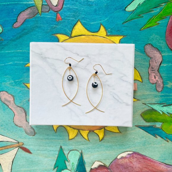 Gold Fish Earrings with Black Evil Eye Worry Bead - Picture 2 of 4